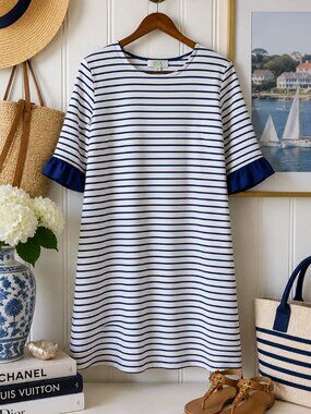 Jade Melody Tam Blue & White Striped Ruffle Sleeve Shift Dress | Size Medium